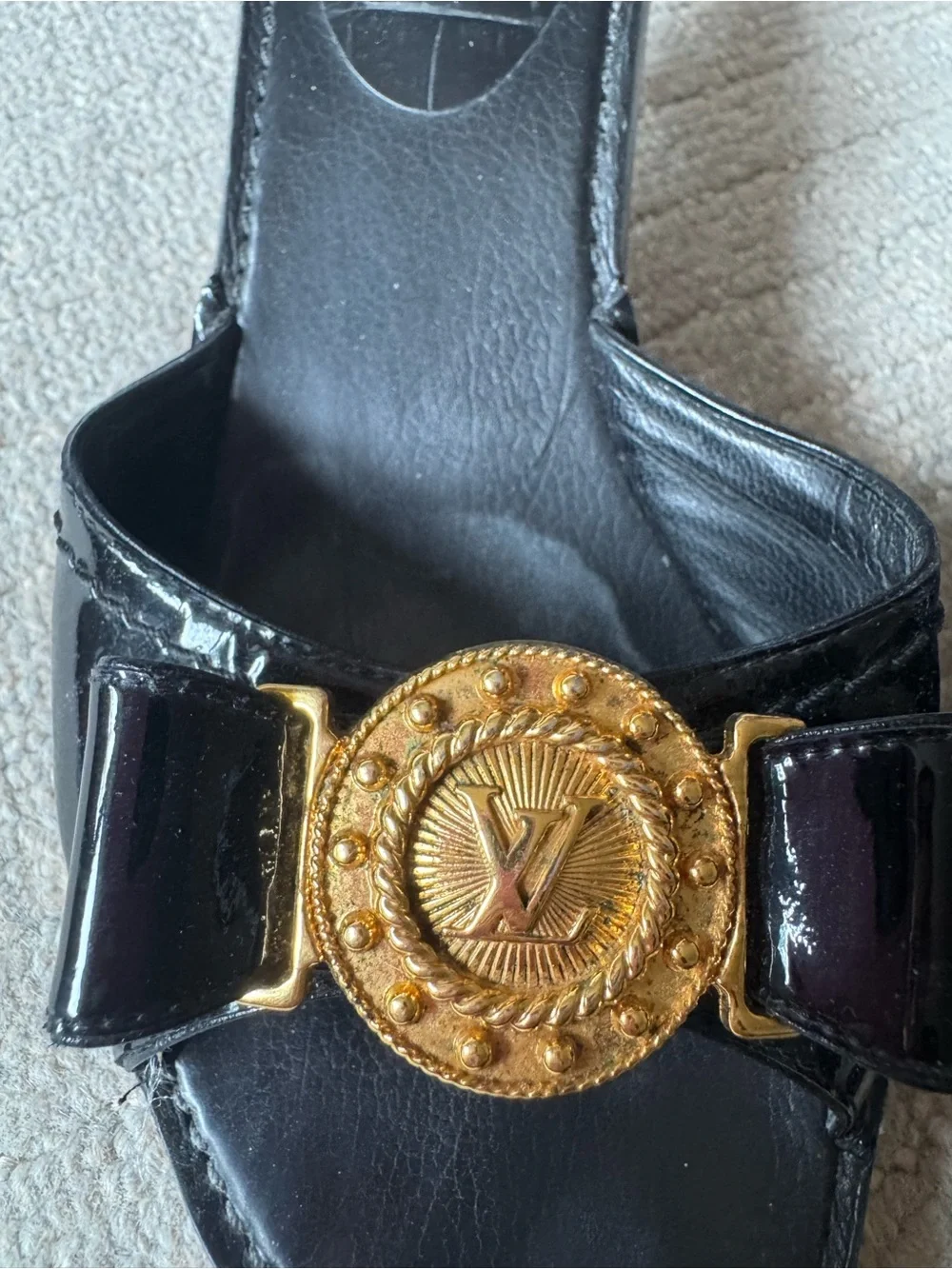 AUTHENTIC Louis Vuitton Vintage Black Patent Leather Slide Mules w/ Gold accent